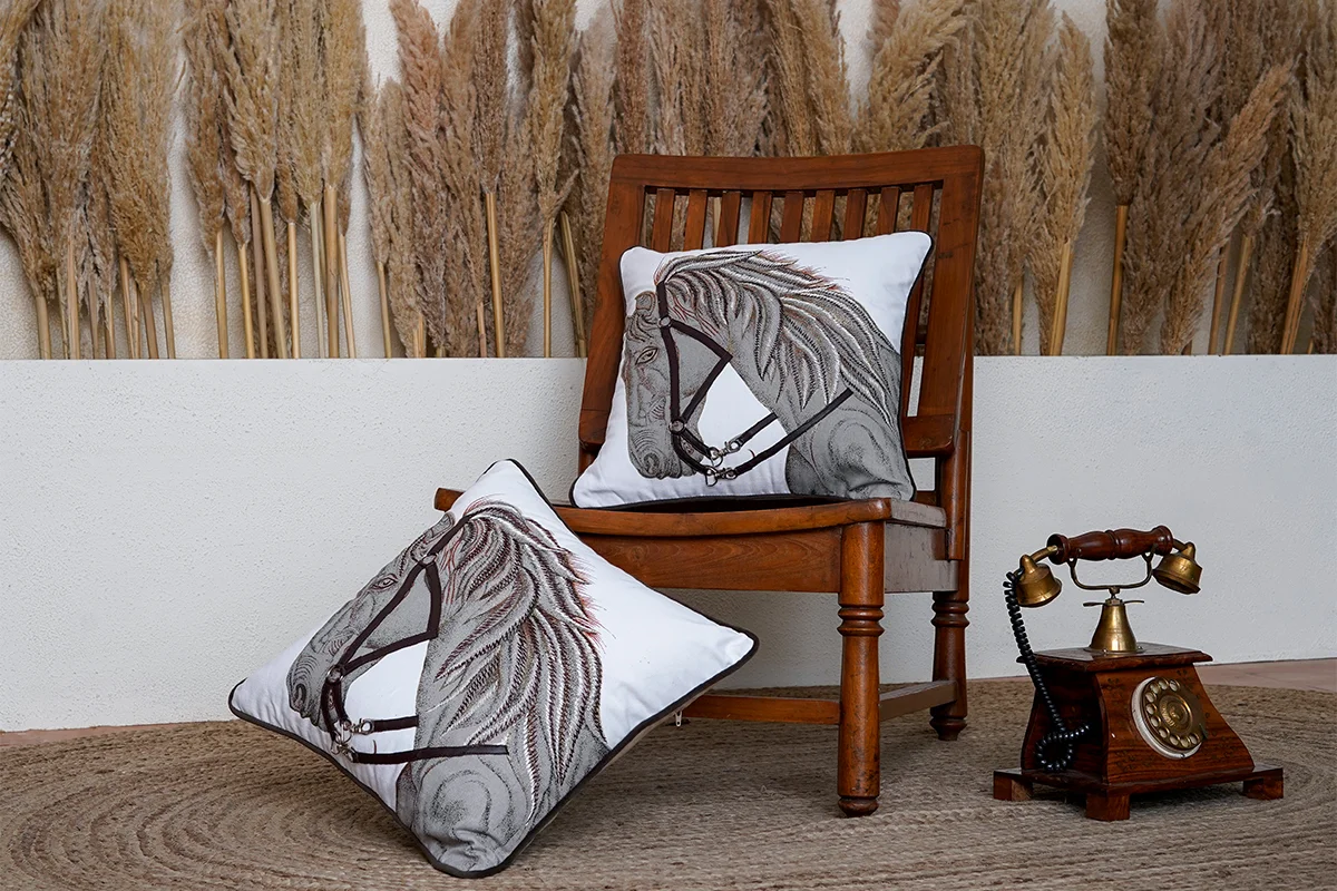 Equistarian Elegance Embroidered Cushion Cover ( Set of 2 )