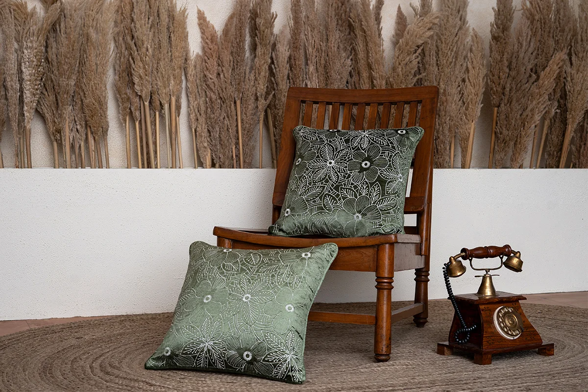 Evergreen Botanical Bliss Embroidered Cushion Cover ( Set of 2 )