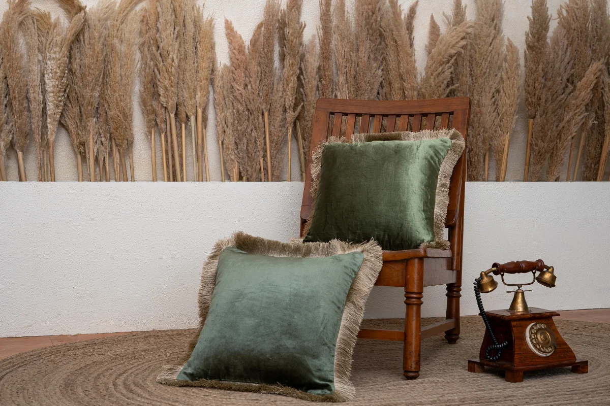 Evergreen Fringed Velvet Cushion Cover ( Set of 2 )