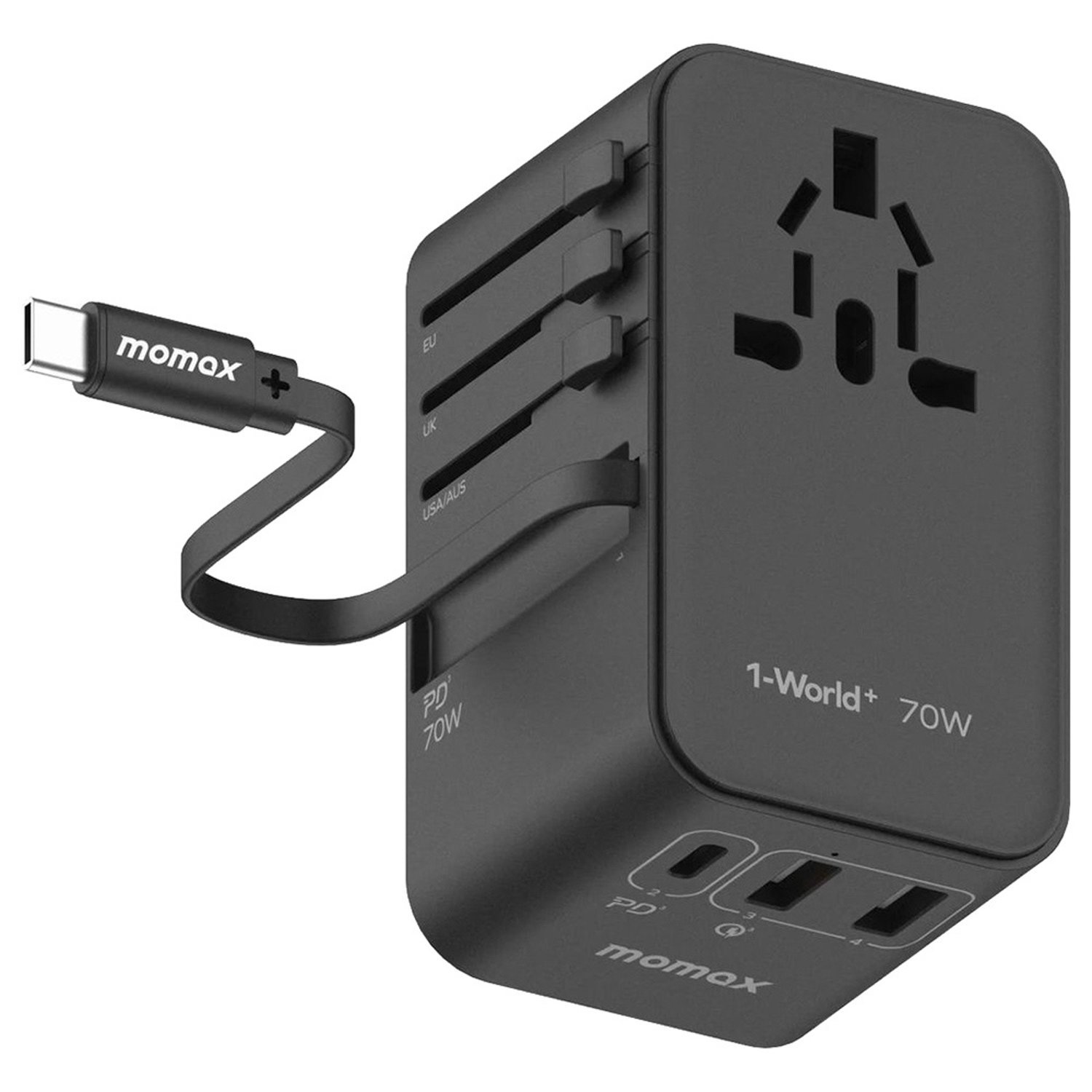 Momax 1-World 70W Gan 3 Port With Built-In Usb-C Cable Ac Travel Adaptor Black