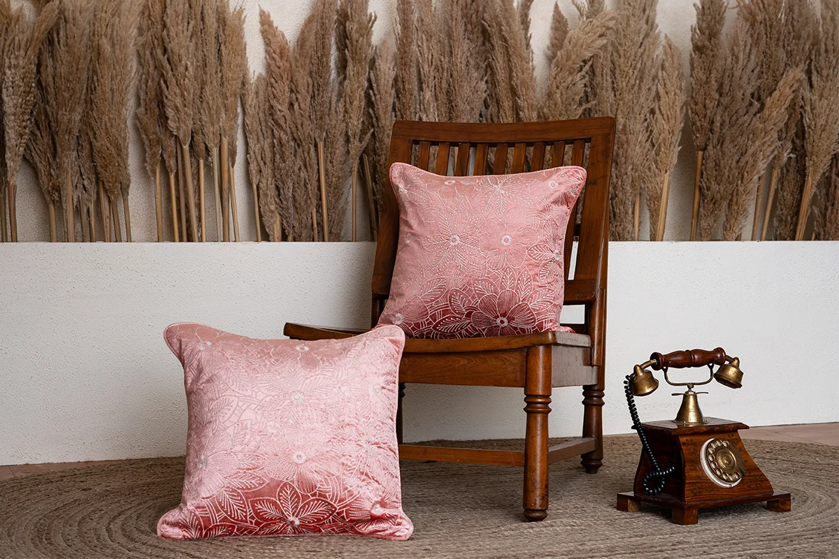 Blush Botanical Bliss Embroidered Cushion Cover ( Set of 2 )