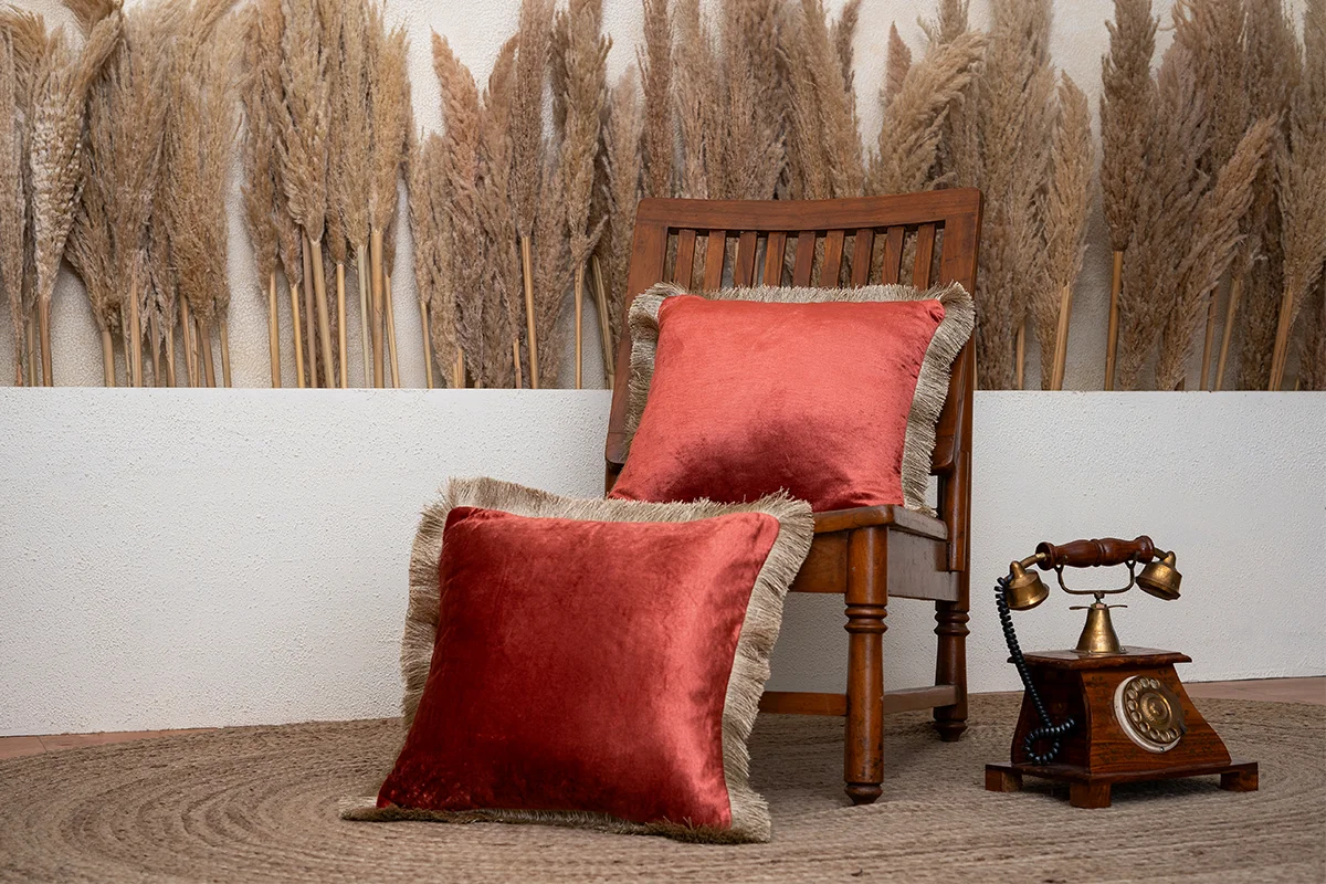 Rust Fringed Velvet Cushion Cover ( Set of 2 )