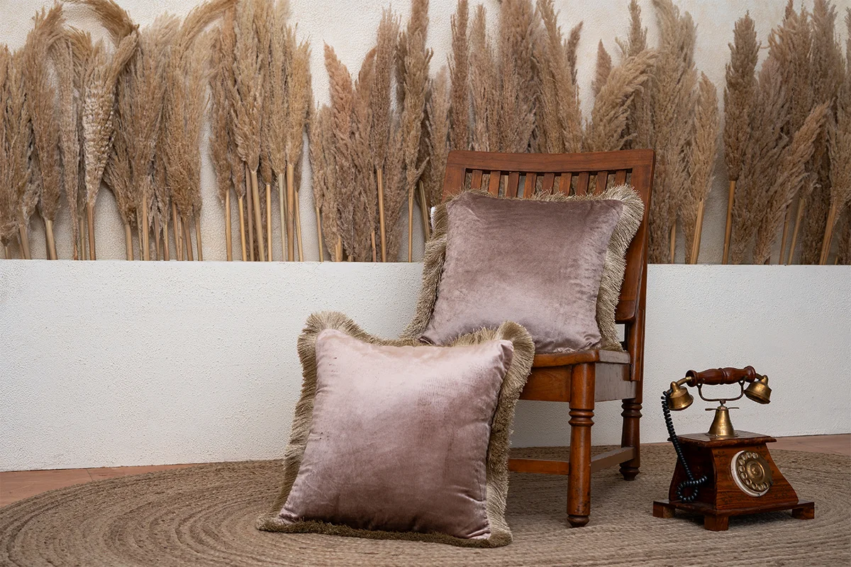 Taupe Fringed Velvet Cushion Cover ( Set of 2 )