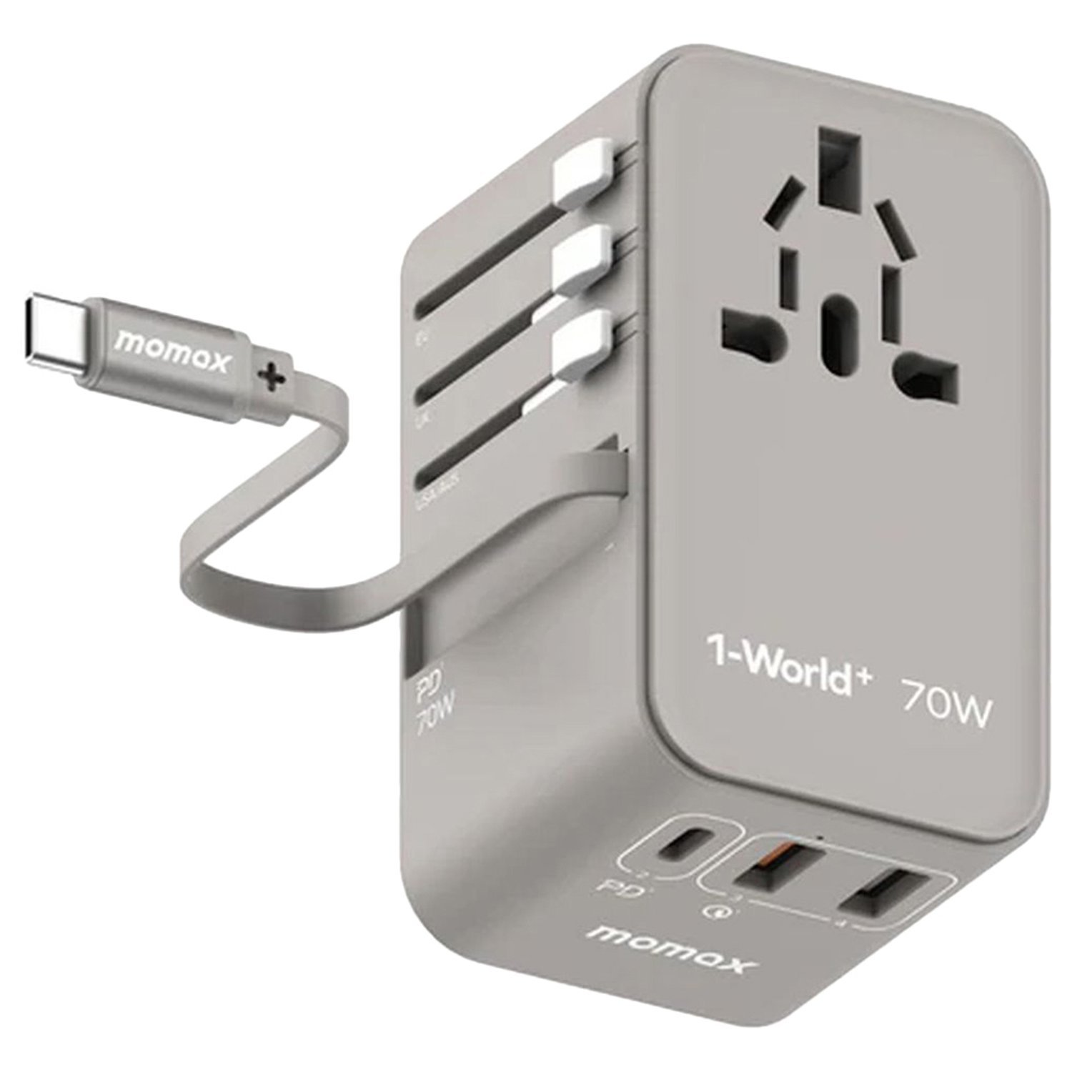Momax 1-World 70W Gan 3 Port With Built-In Usb-C Cable Ac Travel Adaptor