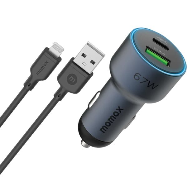Momax Move 67W Dual Port Car Charger+ 1Mtr 100W C To C Cable  Color  Space Grey
