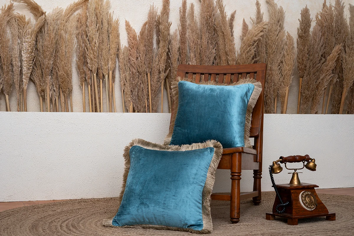Aqua Fringed Velvet Cushion Cover ( Set of 2 )