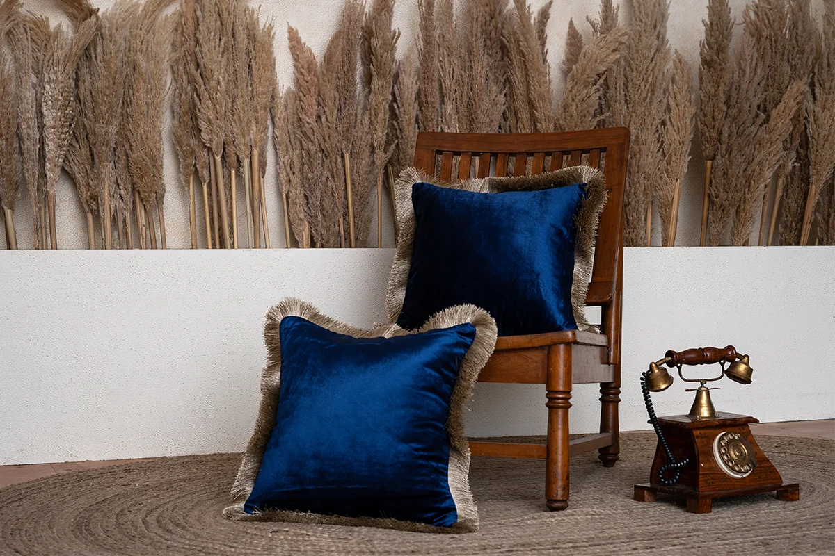 Midnight Sapphire Fringed Velvet Cushion Cover ( Set of 2 )