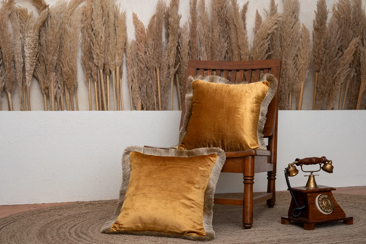 Honey Gold Fringed Velvet Cushion Cover ( Set of 2 )